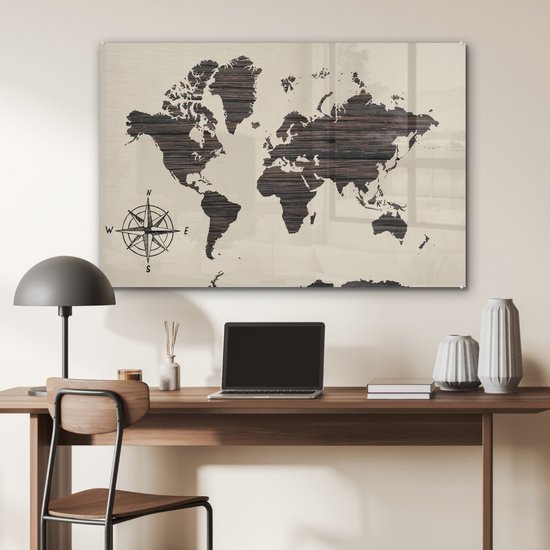Peinture sur Verre - Carte du Wereldkaart - Bois - Rose des Vents - 120x80 cm - Peintures sur Verre Peintures - Photo sur Glas