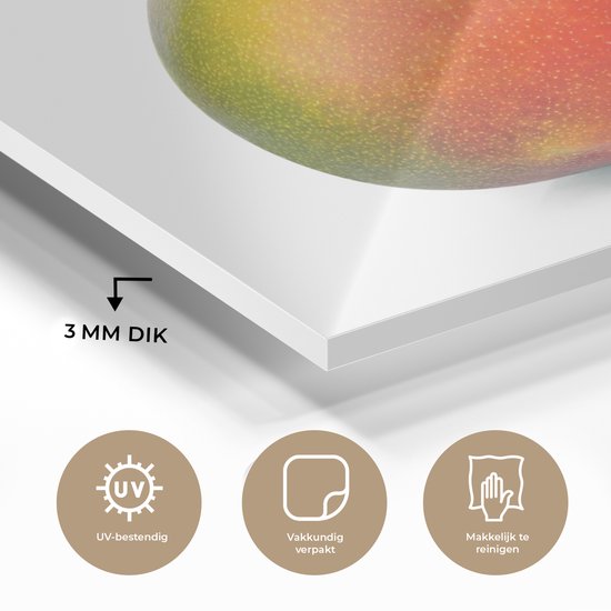 ® Glasschilderij 40x30 cm - Schilderij acrylglas - Groene en oranje mango op witte achtergrond - Foto op glas - Muurdecoratie woonkamer - Wanddecoratie slaapkamer - Schilderijen