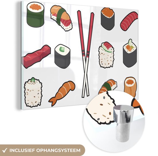 MuchoWow® Glasschilderij 120x80 cm - Schilderij acrylglas - Sushi illustratie met eetstokken op een witte achtergrond - Foto op glas - Schilderijen