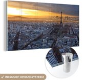 MuchoWow® Glasschilderij 120x60 cm - Schilderij acrylglas - Parijs - Skyline - Zon - Foto op glas - Schilderijen