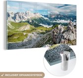 MuchoWow® Glasschilderij 160x80 cm - Schilderij acrylglas - Alpen - Rotsen - Gras - Foto op glas - Schilderijen