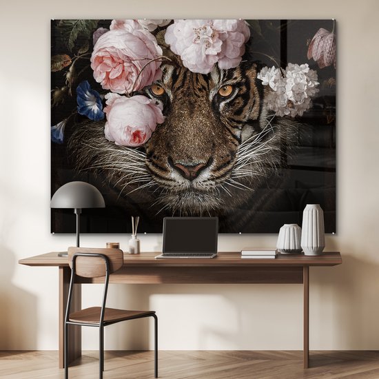 Peinture sur Verre - Tigre - Fleurs - Roses - 160x120 cm - Peintures sur Verre Peintures - Photo sur Glas