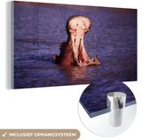 MuchoWow® Glasschilderij 160x80 cm - Schilderij acrylglas - Nijlpaard - Water - Bek - Foto op glas - Schilderijen