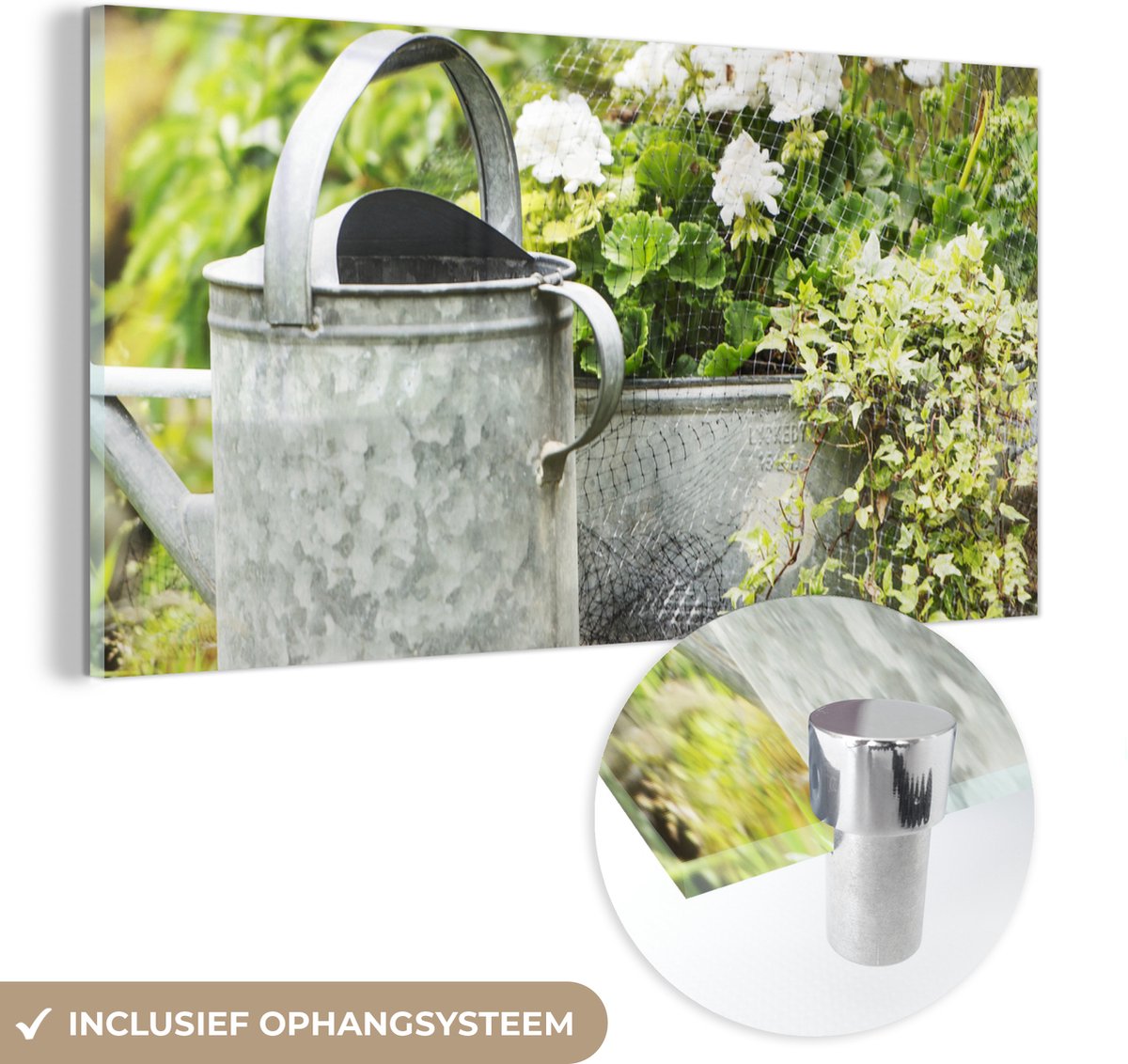 ® Glasschilderij 80x40 cm - Schilderij acrylglas - Gieter - Bloemen - Tuin - Foto op glas 