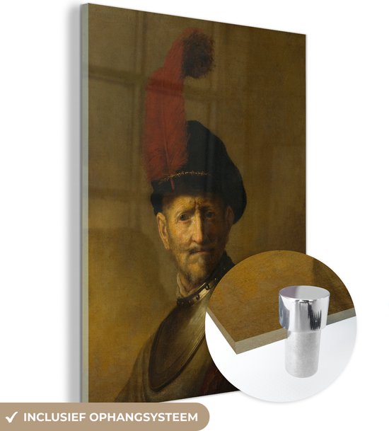 MuchoWow® Glasschilderij 60x80 cm - Schilderij acrylglas - Portret van een man - Rembrandt van Rijn - Foto op glas - Schilderijen