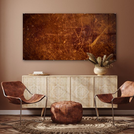 MuchoWow® Peinture sur verre 160x80 cm - Peinture sur verre acrylique - Cuir - Aspect cuir - Marron - Oranje - Photo sur verre - Peintures