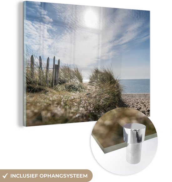 MuchoWow® Glasschilderij 160x120 cm - Schilderij acrylglas - Zon - Wolken - Strand - Foto op glas - Schilderijen
