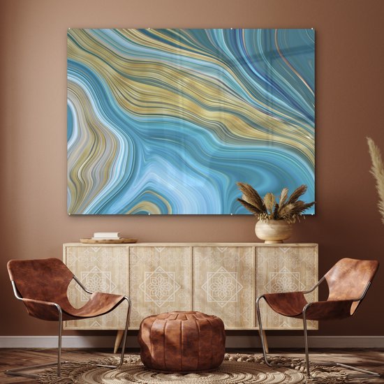 MuchoWow® Peinture sur verre 160x120 cm - Peinture sur verre acrylique - Marbre - Vagues - Or - Motifs - Photo sur verre - Peintures