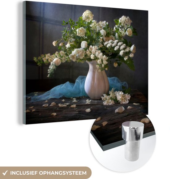 MuchoWow® Glasschilderij 40x30 cm - Schilderij acrylglas - Bloemen - Wit - Stilleven - Foto op glas - Schilderijen