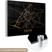 MuchoWow® Glasschilderij 30x20 cm - Schilderij acrylglas - Stadskaart - Leuven - Goud - Zwart - Foto op glas - Schilderijen - Plattegrond