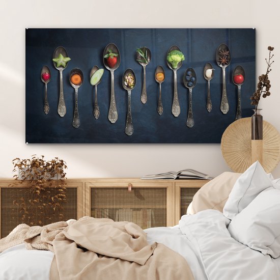 MuchoWow® Peinture sur verre 120x60 cm - Peinture sur verre acrylique - Herbes - Cuillère - Argent - Épices - Industriel - Photo sur verre - Peintures