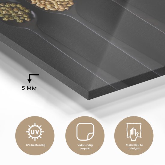 MuchoWow® Peinture sur verre 160x120 cm - Peinture sur verre acrylique - Cuillères - Épices - Zwart - Herbes - Rustique - Photo sur verre - Peintures