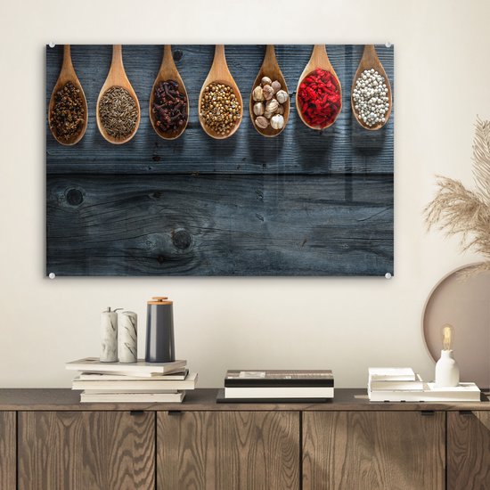 MuchoWow® Peinture sur verre 60x40 cm - Peinture sur verre - Herbes - Cuillères - Bois - Cuisine - Épices - Industriel - Photo sur verre acrylique - Peintures