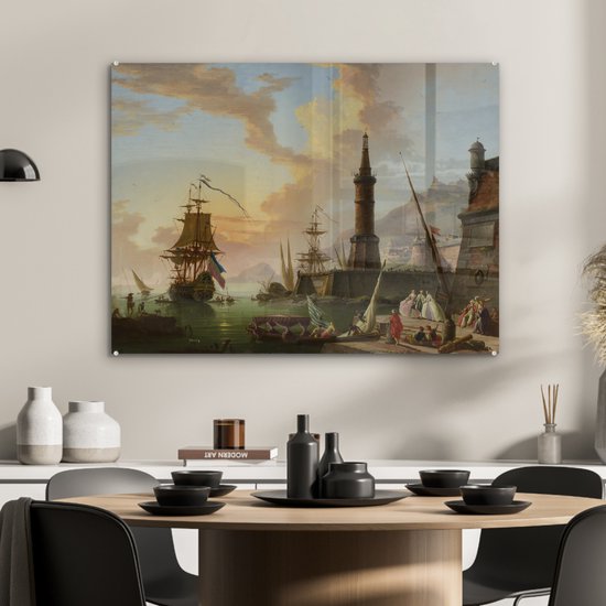 MuchoWow® Peinture sur verre 80x60 cm - Peinture acrylique sur verre - Un port maritime - Peinture de Claude Joseph Vernet - Photo sur verre - Peintures