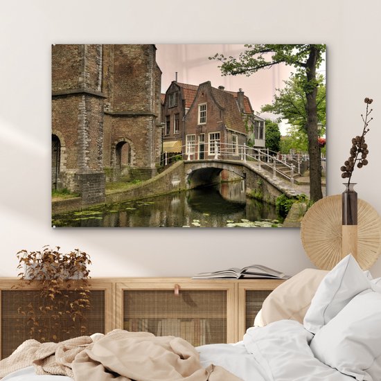 MuchoWow® Peinture sur verre 90x60 cm - Peinture sur verre acrylique - Pont - Water - Delft - Photo sur verre - Peintures