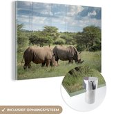 MuchoWow® Glasschilderij 90x60 cm - Schilderij acrylglas - Neushoorn - Gras - Afrika - Foto op glas - Schilderijen