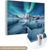 MuchoWow® Glasschilderij 180x120 cm - Schilderij acrylglas - Noorderlicht - Sneeuw - IJs - Noorwegen - Foto op glas - Schilderijen
