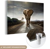 MuchoWow® Glasschilderij 120x80 cm - Schilderij acrylglas - Olifant - Natuur - Weg - Foto op glas - Schilderijen