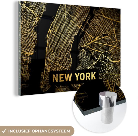 MuchoWow® Glasschilderij 60x40 cm - Schilderij acrylglas - New York - Plattegrond - Abstract - Foto op glas - Schilderijen - Stadskaart