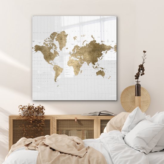® Glasschilderij 90x90 cm - Schilderij acrylglas - Wereldkaart - Glitters - Goud - Foto op glas - Muurdecoratie woonkamer - Wanddecoratie slaapkamer - Schilderijen