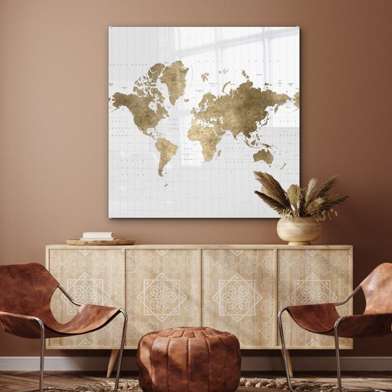 ® Glasschilderij 90x90 cm - Schilderij acrylglas - Wereldkaart - Glitters - Goud - Foto op glas - Muurdecoratie woonkamer - Wanddecoratie slaapkamer - Schilderijen