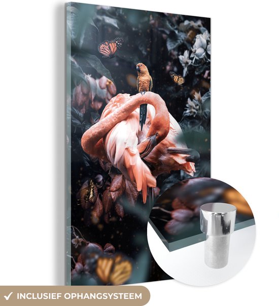 MuchoWow® Glasschilderij 60x90 cm - Schilderij acrylglas - Flamingo - Vlinder - Vogel - Jungle - Foto op glas - Schilderijen