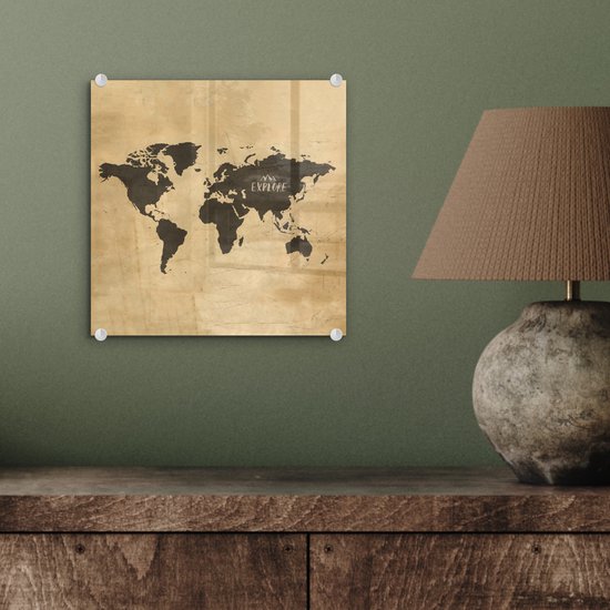 Peinture sur Verre - Carte du Wereldkaart - Vintage - Voyages - 20x20 cm - Peintures sur Verre Peintures - Photo sur Glas