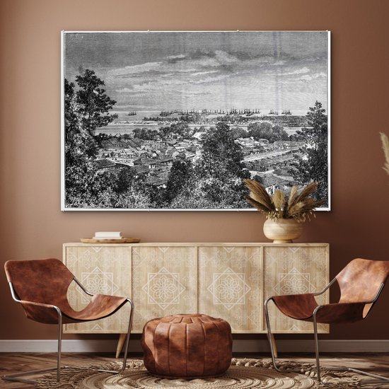 MuchoWow® Peinture sur verre 180x120 cm - Peinture sur verre acrylique - Illustration Zwart et blanc de Yokohama au Japon - Photo sur verre - Peintures