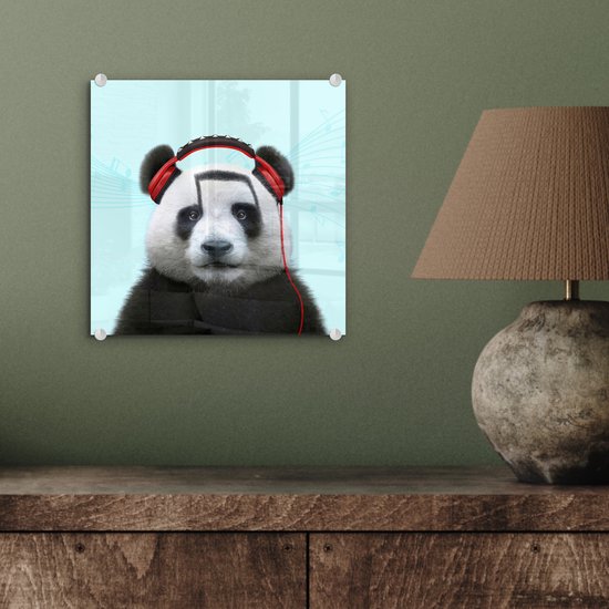 MuchoWow® Peinture sur verre 20x20 cm - Peinture sur verre acrylique - Panda - Casque - Animal - Notes de musique - Rouge - Photo sur verre - Peintures