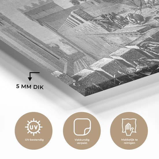 MuchoWow® Peinture sur verre 150x100 cm - Peinture sur verre acrylique - Une illustration antique en noir et blanc du cheval de Troie - Photo sur verre - Peintures