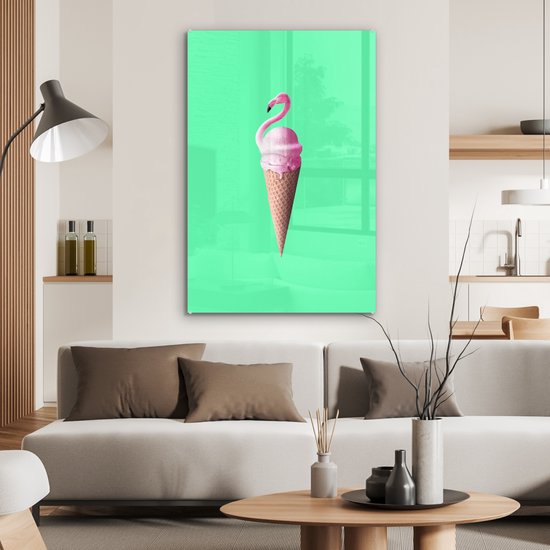 MuchoWow® Glasschilderij 80x120 cm - Schilderij acrylglas - IJshoorntjes - IJs - Flamingo - Roze - Groen - Foto op glas - Schilderijen