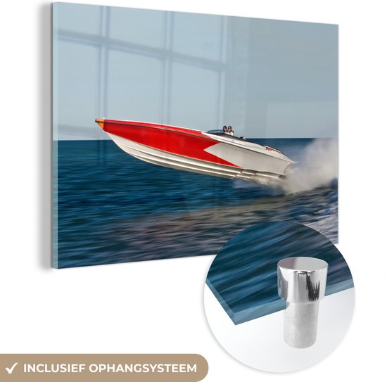 MuchoWow® Glasschilderij 180x120 cm - Schilderij acrylglas - Speedboot scheert over de zee - Foto op glas - Schilderijen