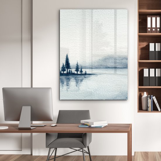 MuchoWow® Peinture sur verre 90x120 cm - Peinture sur verre acrylique - Une illustration d'un lac dans la brume - Photo sur verre - Peintures