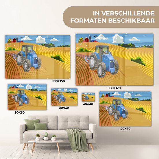 MuchoWow® Glasschilderij 150x100 cm - Schilderij acrylglas - Trekker - Boer - Wolken - Foto op glas - Schilderijen