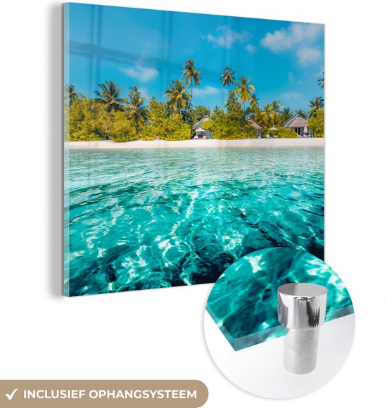 MuchoWow® Glasschilderij 20x20 cm - Schilderij acrylglas - Strand - Palmbomen - Zee - Foto op glas - Schilderijen