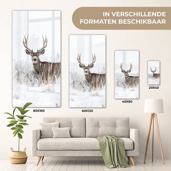 MuchoWow® Peinture sur verre 40x80 cm - Peinture acrylique sur verre - Cerf - Hiver - Neige - Animaux - Saisons - Wit - Photo sur verre - Peintures