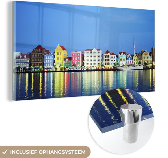 MuchoWow® Glasschilderij 160x80 cm - Schilderij acrylglas - Skyline - Willemstad - Curaçao - Foto op glas - Schilderijen