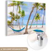 MuchoWow® Glasschilderij 90x60 cm - Schilderij acrylglas - Hangmat - Strand - Palmbomen - Foto op glas - Schilderijen