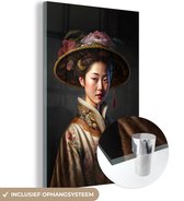 Glasschilderij vrouw - Bloemen - Hoed - Portret - Aziatisch - Glas decoratie - Woonkamer - Glasschilderijen - Foto op glas - Glasplaat - 120x180 cm - Wanddecoratie glas