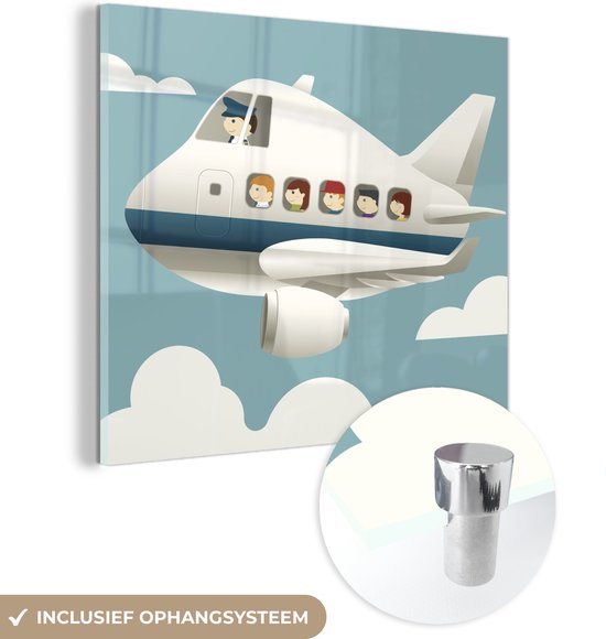 MuchoWow® Glasschilderij 20x20 cm - Schilderij acrylglas - Een illustratie van een piloot met passagiers in een vliegtuig - Foto op glas - Schilderijen