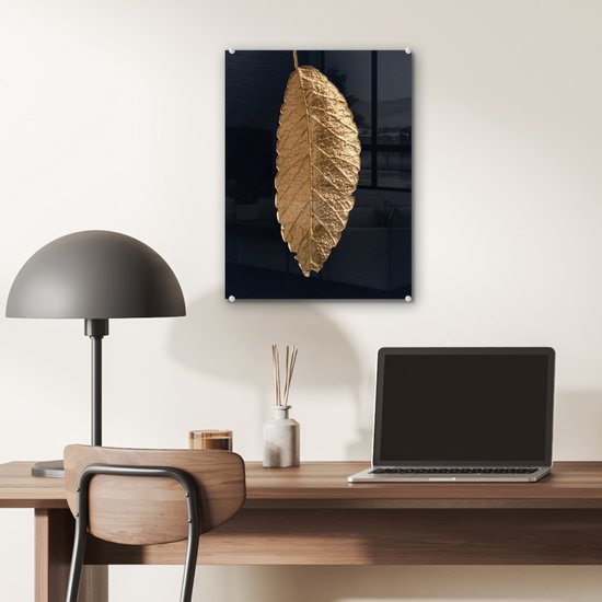 MuchoWow® Peinture sur verre 30x40 cm - Peinture sur verre acrylique - Feuilles - Zwart - Or - Luxe - Nature - Photo sur verre - Peintures