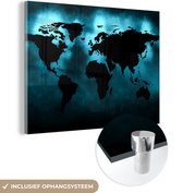 MuchoWow® Glasschilderij 40x30 cm - Schilderij acrylglas - Wereldkaart - Zwart - Blauw - Foto op glas - Schilderijen