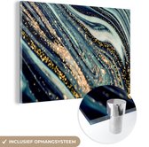 Glasschilderij marmer - Goud - Luxe - Marmerlook - Glitter - Glas schilderij - Glasplaat - Woonkamer - Kamerdecoratie - Foto op glas - 90x60 cm - Wanddecoratie glas - Schilderij glas