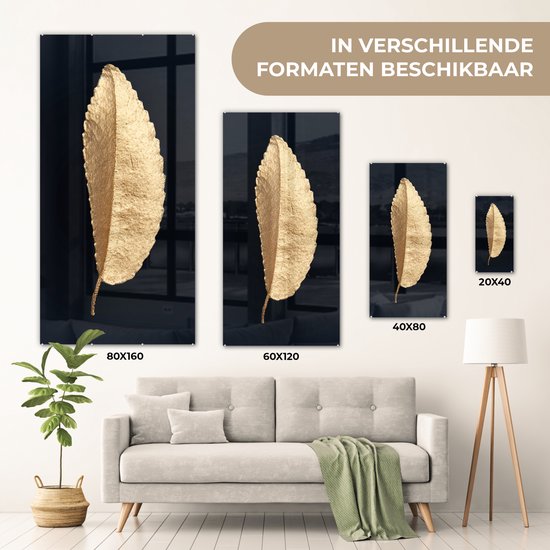 MuchoWow® Tableau sur Verre - Feuilles - Noir et Or - Luxe - Chic - Nature - 80x160 cm - Peintures sur Verre Acrylique - Photo sur Glas