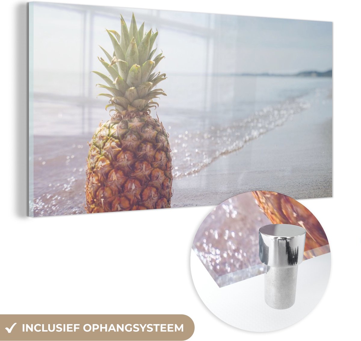 MuchoWow® Glasschilderij 120x60 cm - Schilderij acrylglas - Ananas - Strand - Zomer - Zon - Foto op glas - Schilderijen