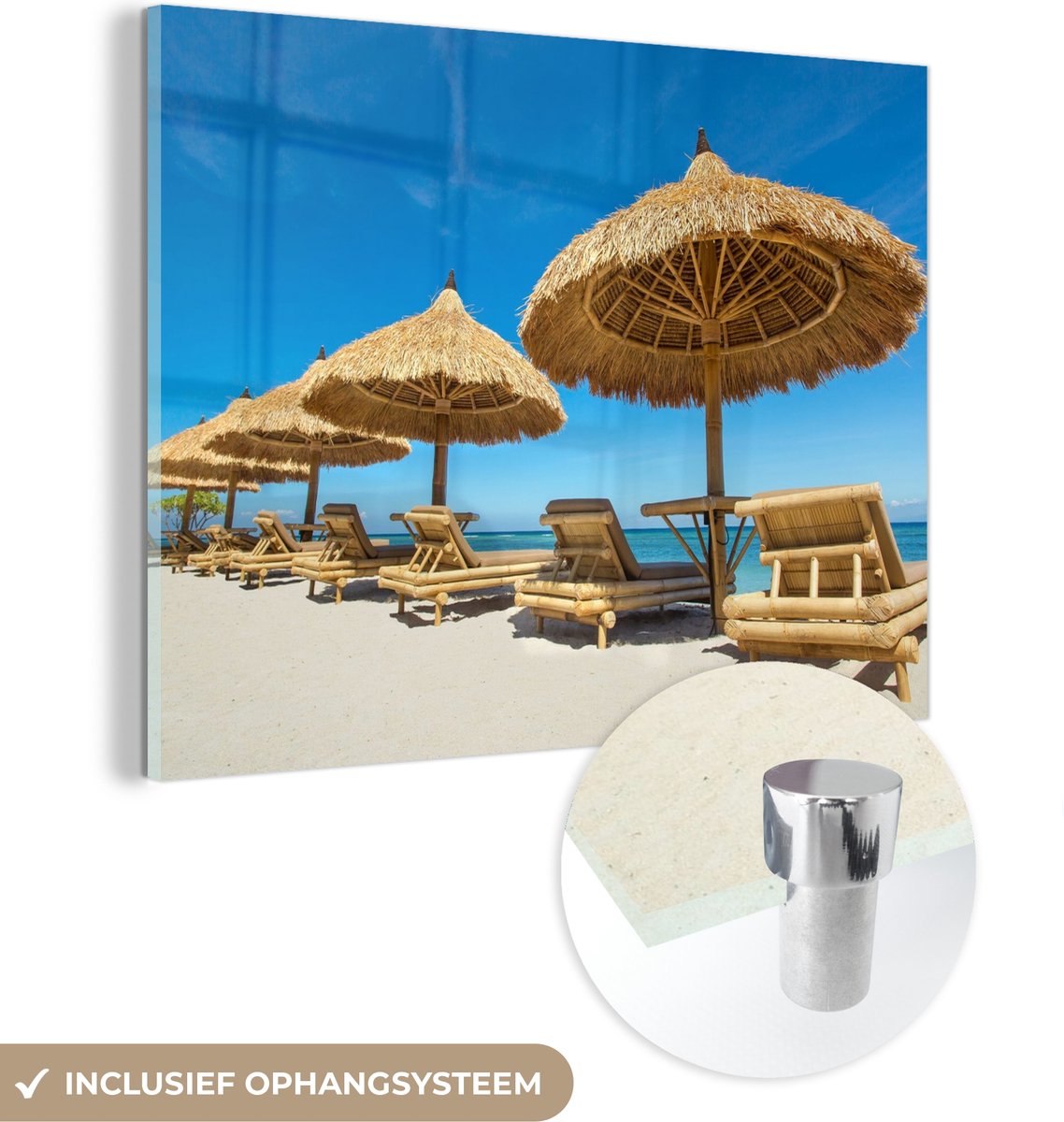 MuchoWow® Glasschilderij 40x30 cm - Schilderij acrylglas - Strandstoel - Strand - Parasol