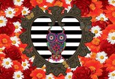 Fotobehang Floral Heart Owl Red | XXL - 206cm x 275cm | 130g/m2 Vlies
