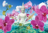 Fotobehang Zen Flowers Orchids Buddha Water Sky | PANORAMIC - 250cm x 104cm | 130g/m2 Vlies
