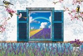 Fotobehang Window Flowers Lavender Field Rainbow | XL - 208cm x 146cm | 130g/m2 Vlies