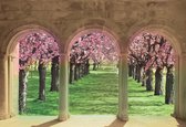 Fotobehang Flowering Trees Through The Arch | XXL - 312cm x 219cm | 130g/m2 Vlies